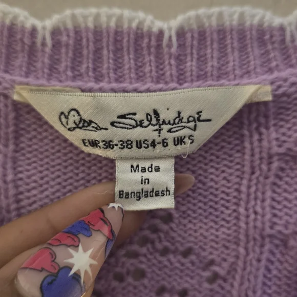 Miss Selfridge Cropped Pointelle Tie Front Cardigan Women’s Size Small Lilac - Picture 6 of 11